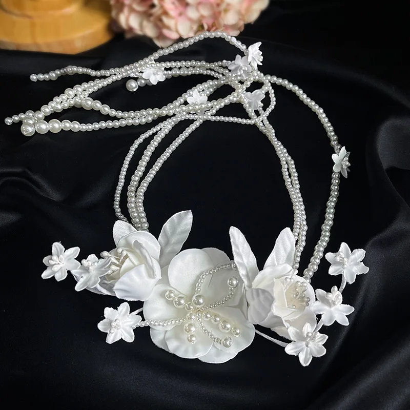 

White Flower Bridal Headbands Hairbands Tiaras Beaded Pearls Yarn Headpieces Women Headware Wedding Hair Accessories 2021 New
