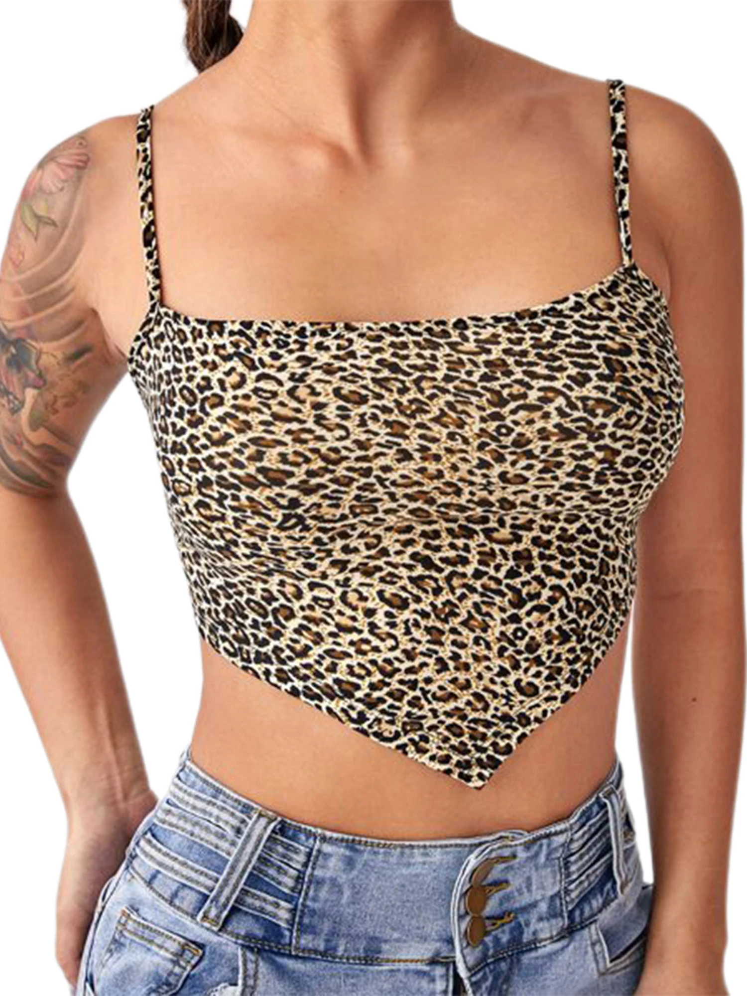 

Women's Leopard Cami Tank Tops, Spaghetti Straps Off Shoulder Asymmetric Animals Printed Vests