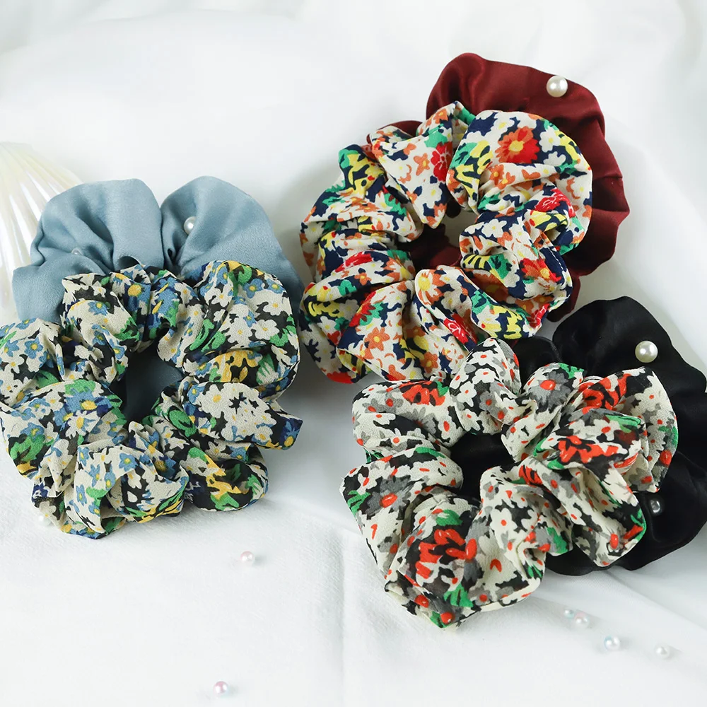 

2PCS Pearl Beads Silk Scrunchies Elastic Rubber Hair Bands Women Girls Chiffon Floral Ponytail Holder Hair Ties Accessories Set