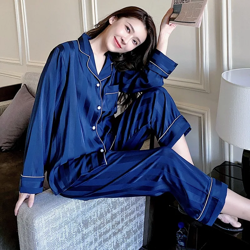 

Комплект из рубашки и брюк в полоску, 2 шт., женская одежда для сна, Весенняя атласная пижама с брюками и пуговицами на воротнике, домашняя оде...