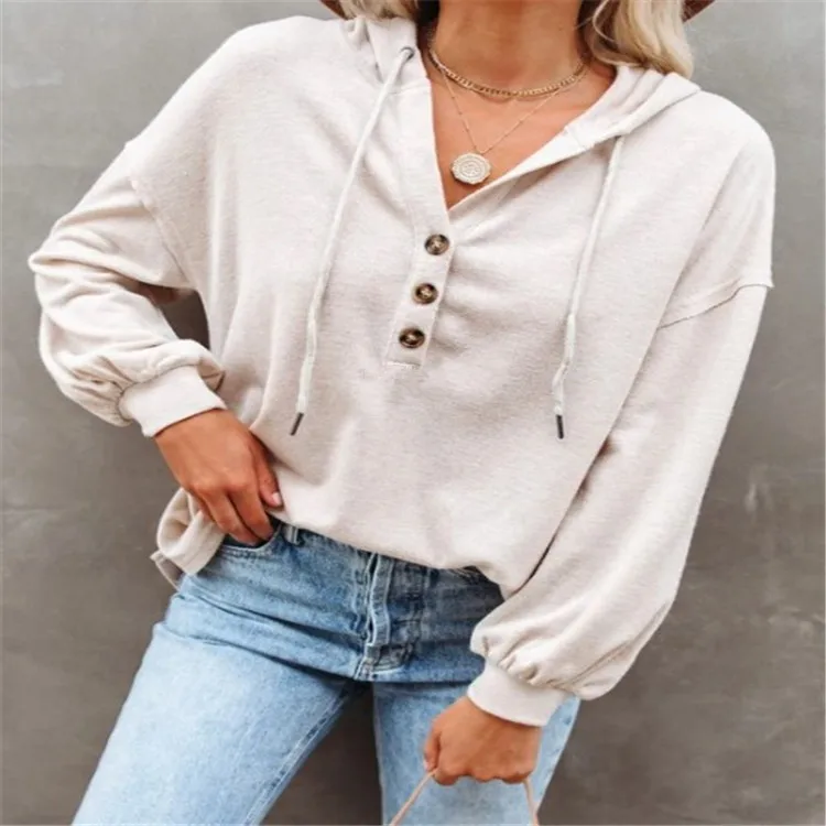 

Autumn and winter women's solid color fashion hooded lace up drawstring long sleeve button sweater T-shirt for women