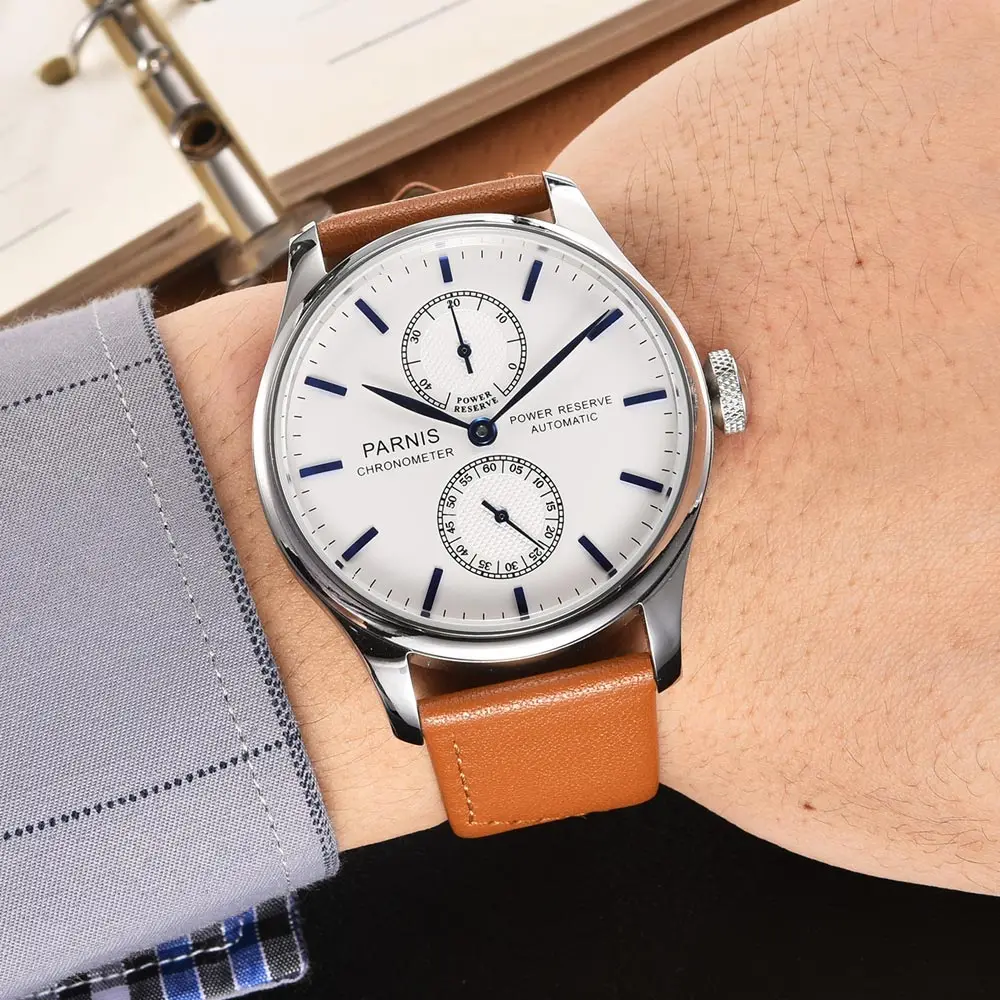 Парнис 43 мм часы с белым циферблатом автоматические механические мужские