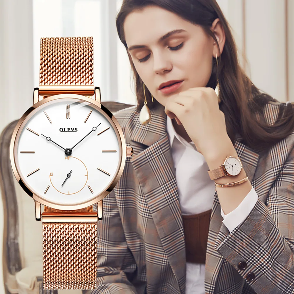 Новинка 2021, Брендовые женские часы OLEVS, модные женские кварцевые часы, браслет с черным циферблатом, простые роскошные женские часы из розового золота с сеткой