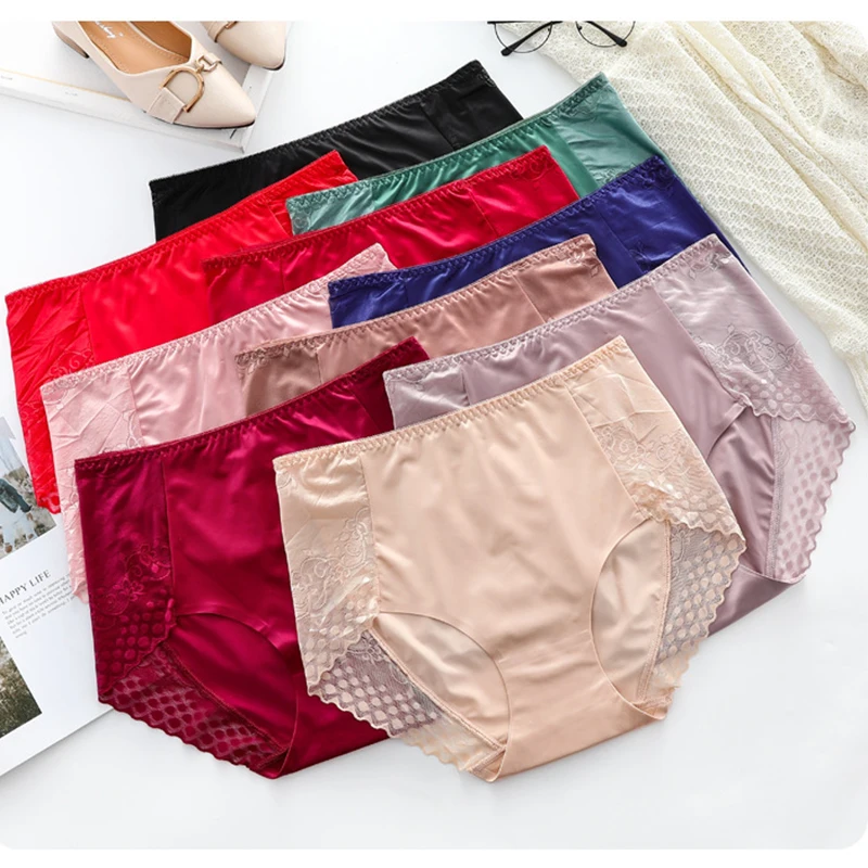 

Women High Waist Panties Female Underwear Traceless Satin Solid Briefs Smooth Seamless Lace Underpants for Ladies 8 Colors