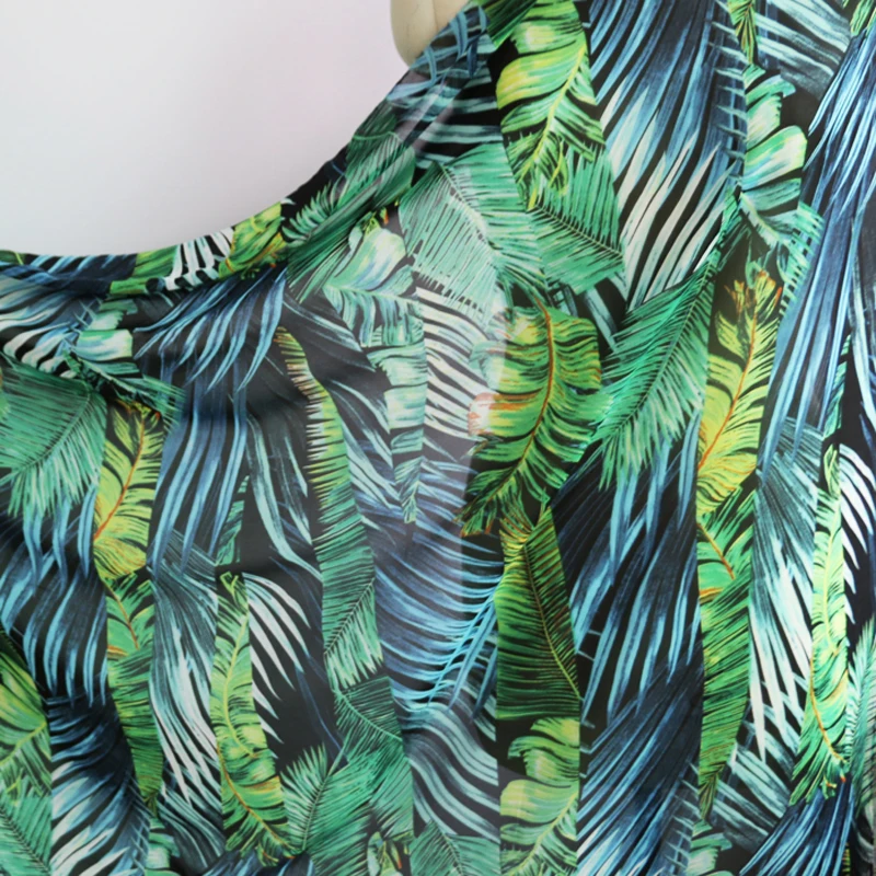 Ткань из зеленого шифона с принтом больших растений и листьев|material fabric|chiffon material