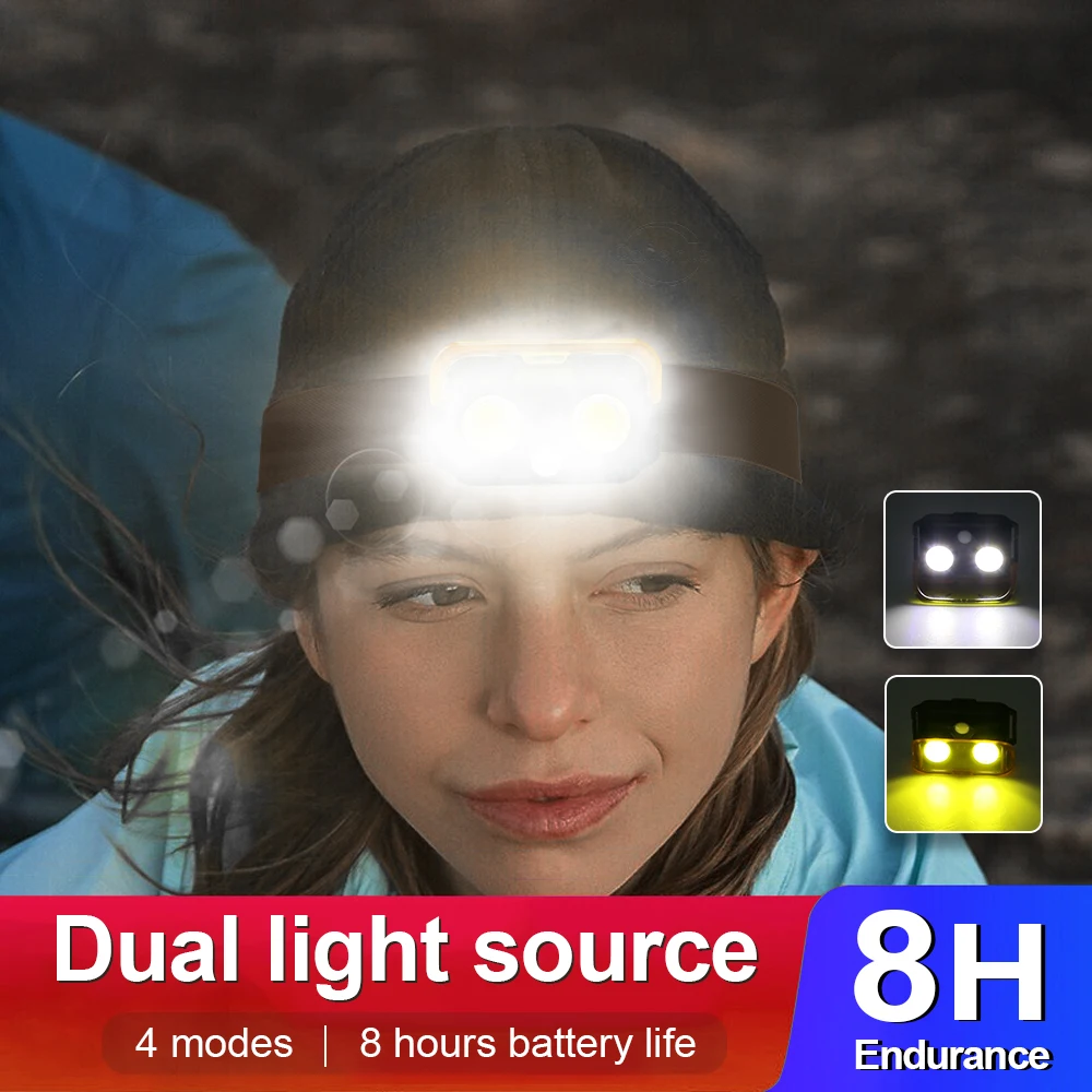 

Powerful Mini led headlamp COB white and yellow cap light small headlight waterproof head flashlight fishing portable lantern
