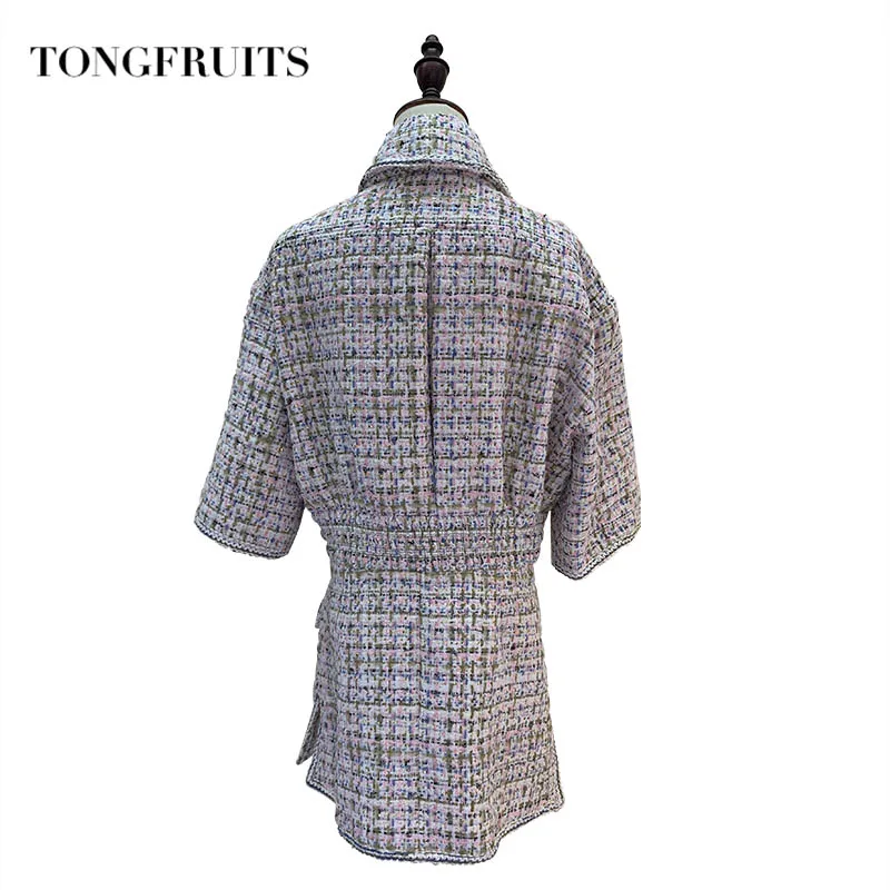 2019 новая женская мода с коротким рукавом отворотом окрашенная пряжа платье ткань