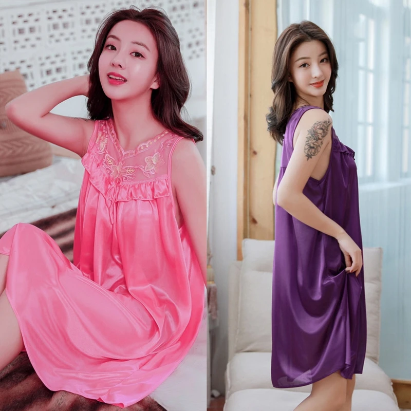 

Womens Plus Size Ice Silk Sleeveless Nightdress Sexy Sheer Embroidery Floral Lace Patchwork Nightgown V-Neck Ruffles Bow Loose S