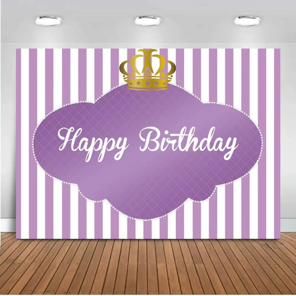 

Royal Purple Theme Party Banner Backdrops Photography Happy Birthdy Princess Crown Decoration Striped Photo Backgrounds Vinyl