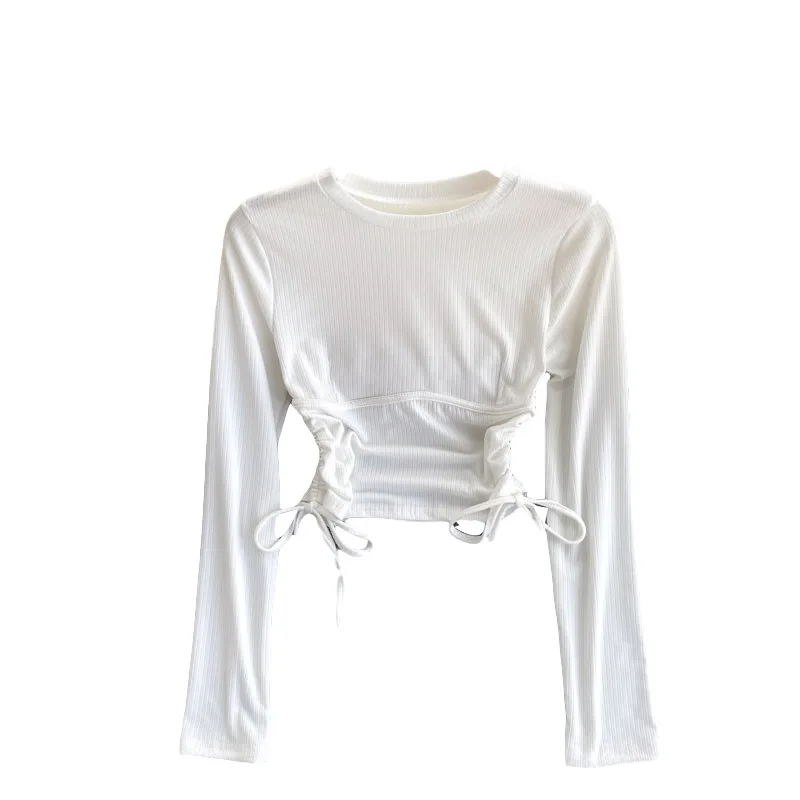 

Long-sleeved T-shirt Women's Autumn New Scheming Drawstring Folds Slim Short Top Bottoming Shirt UK138
