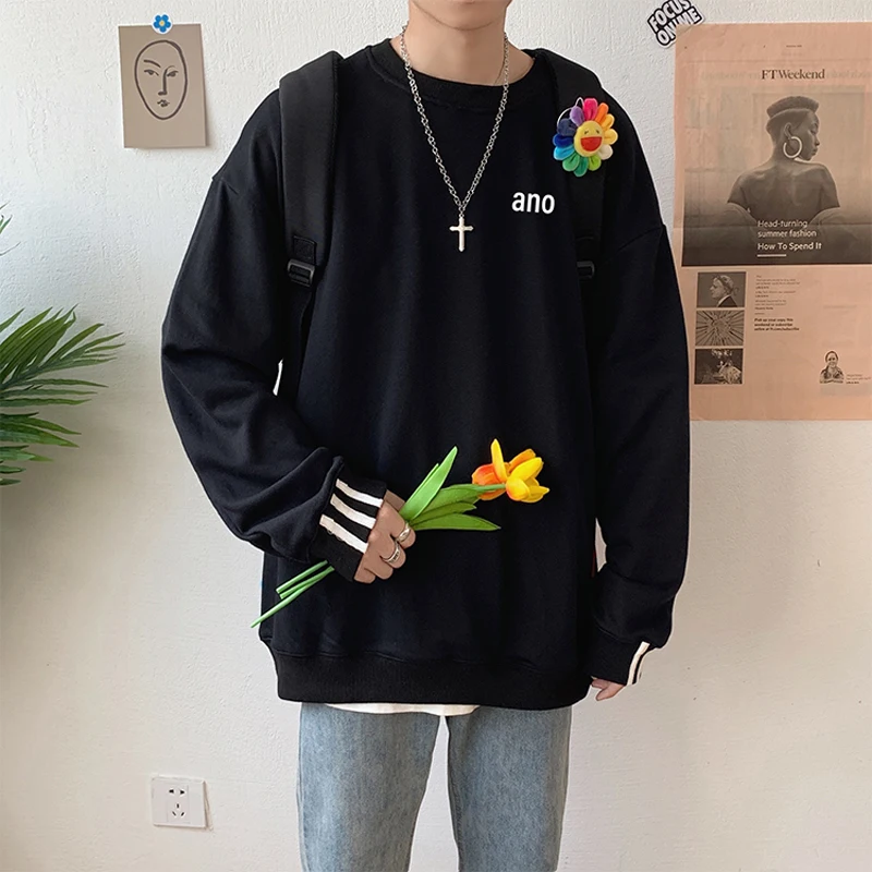 Корейская мужская мода Круглый Вырез Свободный оверсайз Толстовка Harajuku