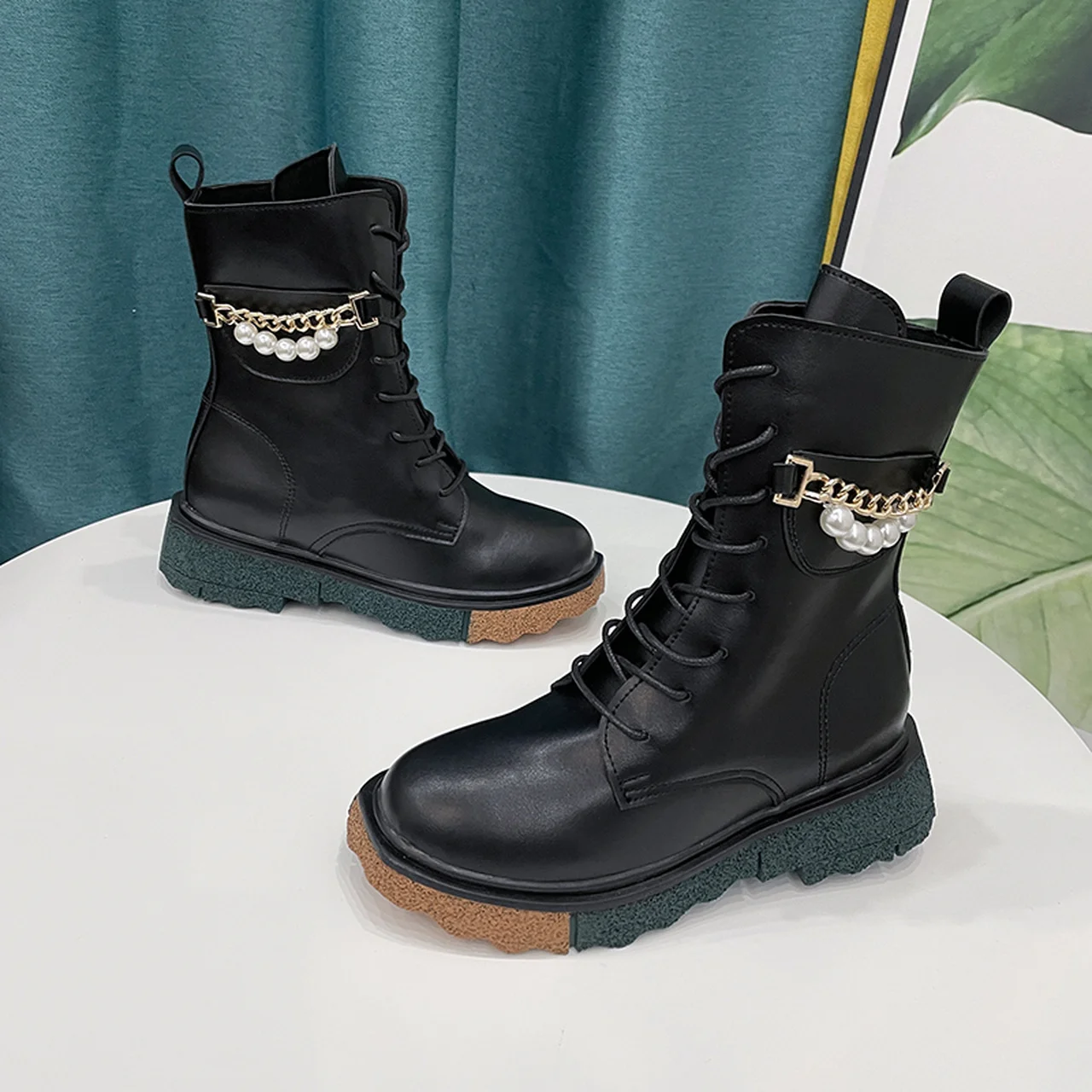 

Black Martin boots lace-up mid-tube boots2021new autumn and winter motorcycle boots metal decorative women'sshoes Botas De Mujer