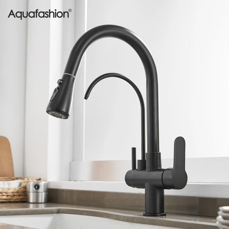 

Matte Black Kitchen Faucet with Drinking Water Pull Out Kitchen Mixer Taps Three Ways Filter Kitchen Faucet