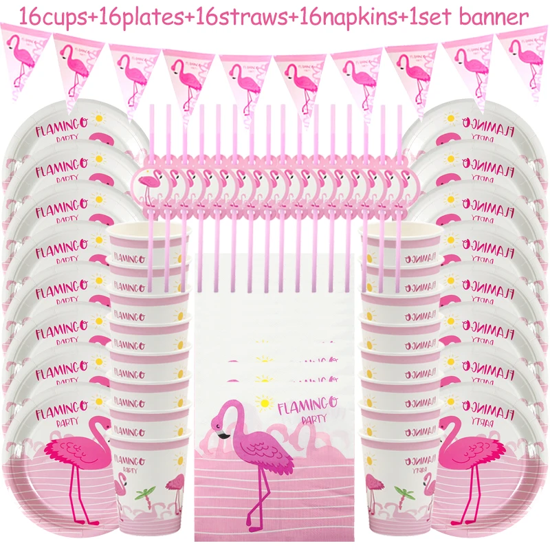 

65pcs/set Flamingo Disposable Party Tableware Set Hawaii Party Luau Flamingo Party Decoration Hawaiian Summer Party Decoration