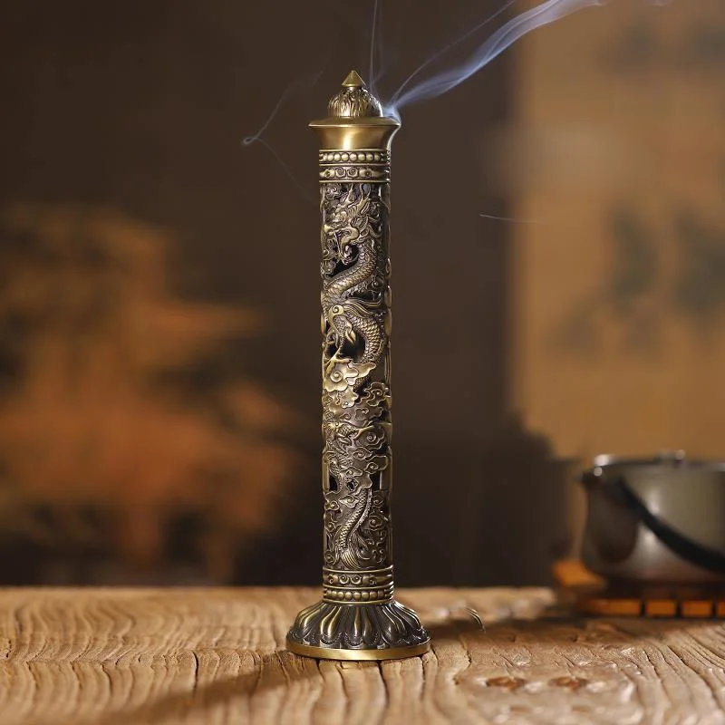 T Antique Vertical Horizontal Incense Burner Metal Dragon and Phoenix Pillar for Incense Sticks Indoor Chinese Retro Decoration