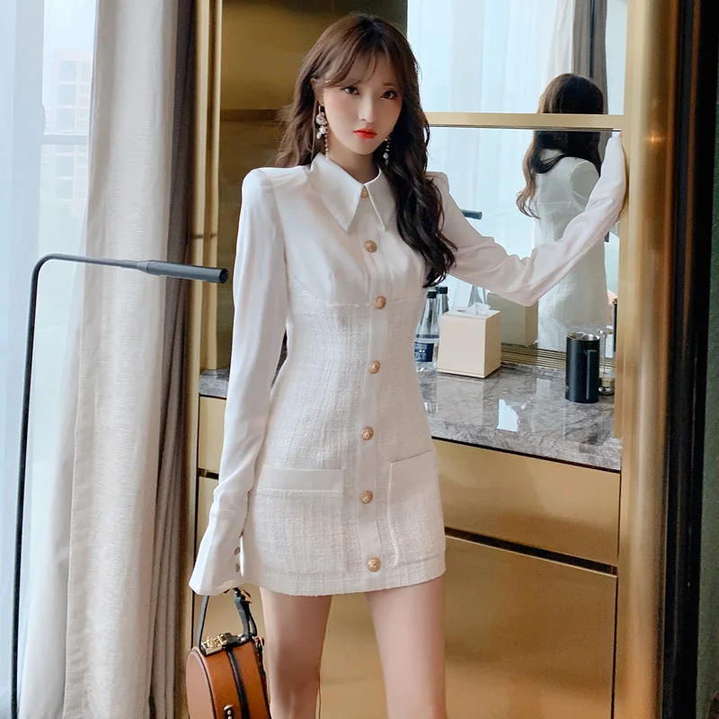 

2021 Turn Down Collar Singer Button Long Sleeve Dress Ladies Streetwear Elegant Dress Women Sheer Mini Casual Dresses for Women
