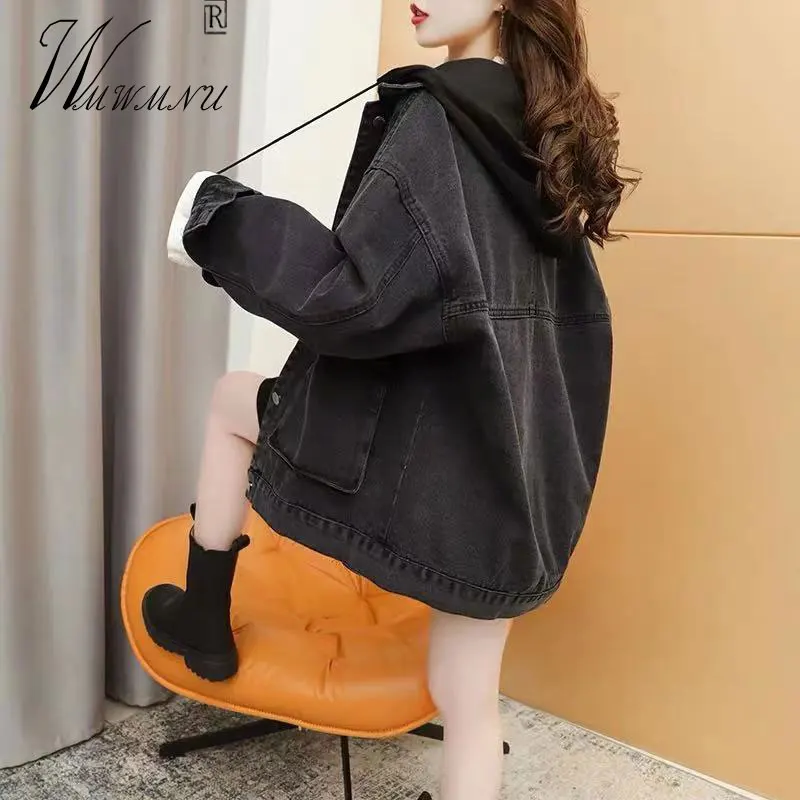 Streetwear Black Hooded Denim Jackets Women Korean Fashion Loose Spring Jean Jacket Casual Chaquetas Veste En Jeans Pour Femme