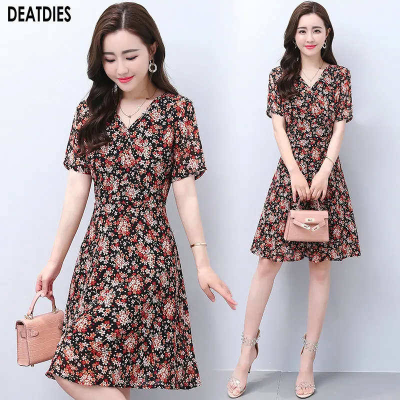 

New 2020 Fashion Women Short Sleeve A-Line Dress V-Neck Print Summer Lady Office Elegant Party High Waist Dresses Women Vestidos