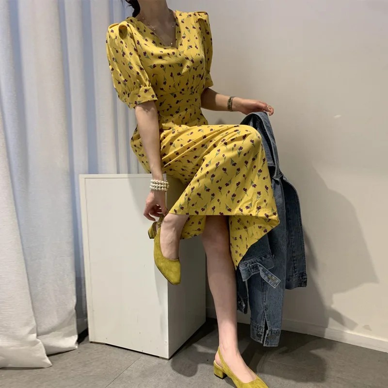 

Korean Chic French Elegant Full Screen Small Floral Slimming V-Neckline Waist Long below the Knee Puff Sleeve Dress Women