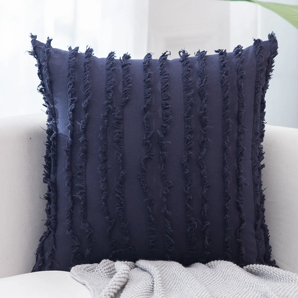 

Inyahome Throw Pillow Covers Farmhouse Linen Textured Cushion Cases with Tassels Striped Jacquard Pattern for Sofa Couch