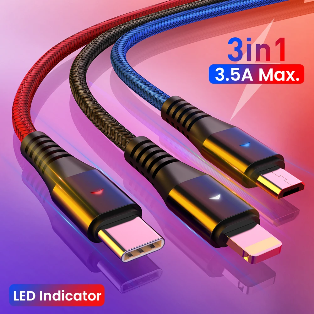 Зарядный кабель 3 в 1 со светодиодной подсветкой Micro USB Type C 8pin зарядный для iPhone 12 11