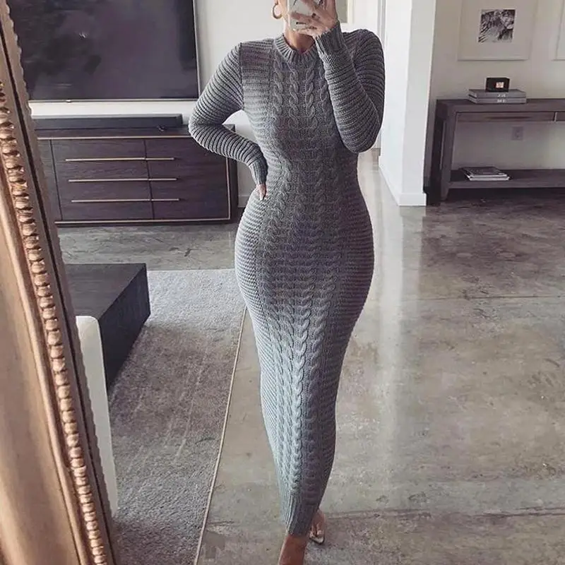

2020 Winter New Solid Color Knitted Long Sleeve Dress Padded Turtleneck Sweater Dress Women Lace Up Knitted Long Dress