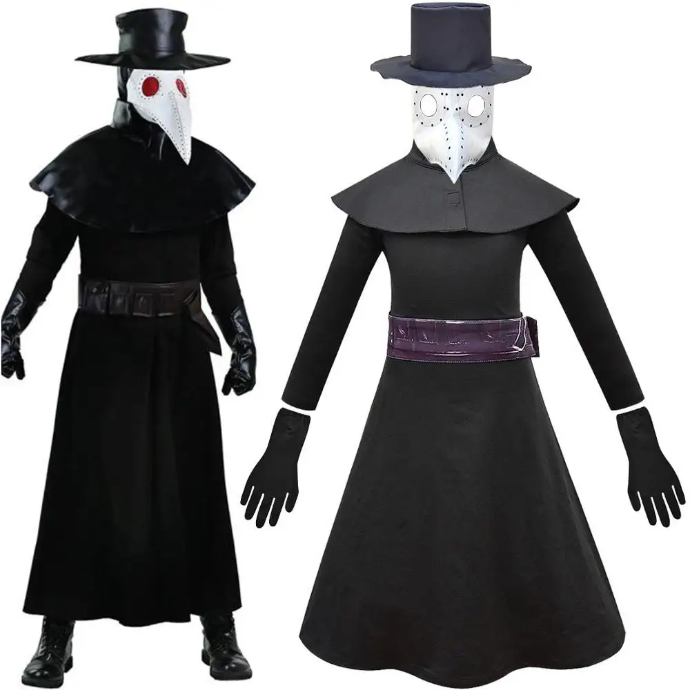 

Halloween Carnival Plague Doctor Cosplay Costume for kids Black Robe Hat Bird Beak Mask Doctor Schnabel child