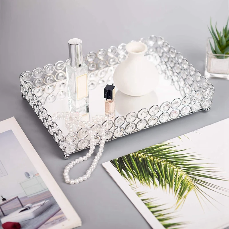 

Crystal Rectangle Cosmetic Tray Jewelry Trinket Organizer Mirror Decorative Tray,Dresser Skin Care Tray Storage(Silver)