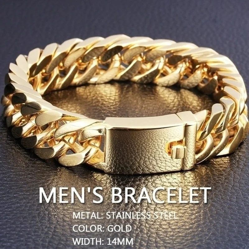 

1pc 10mm Black Silver Gold Color Men Bracelet Cool Cuban Link Bangle Fashion Cool Domineering Double Buckle Bracelet