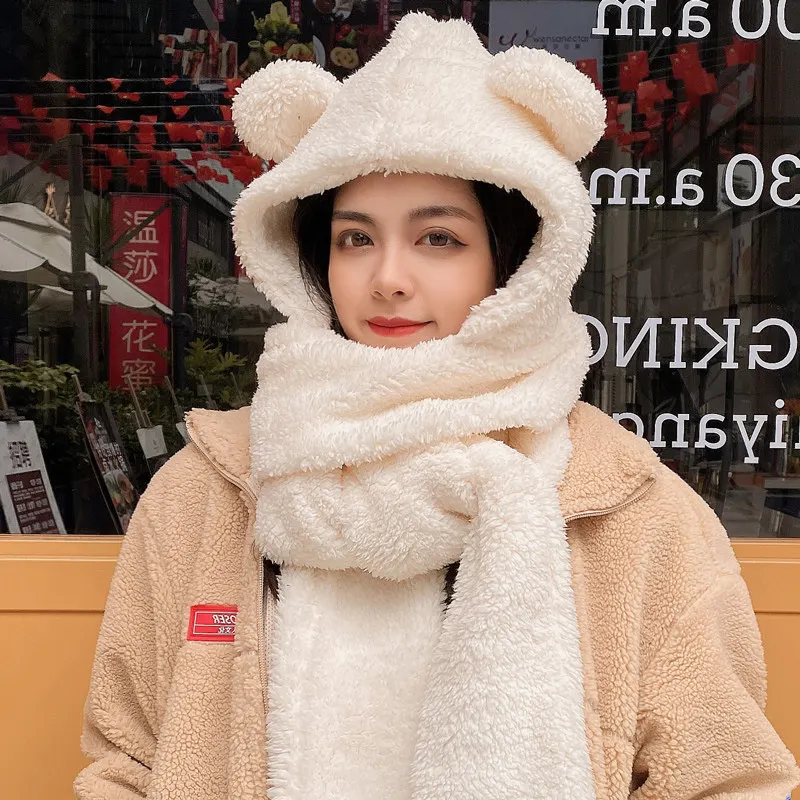 

2021 Fashion Winter Women Novelty Beanies Caps Warm Cute Bear Ear Hat Casual Plush Hat Scarf Set Casual Solid Women Caps