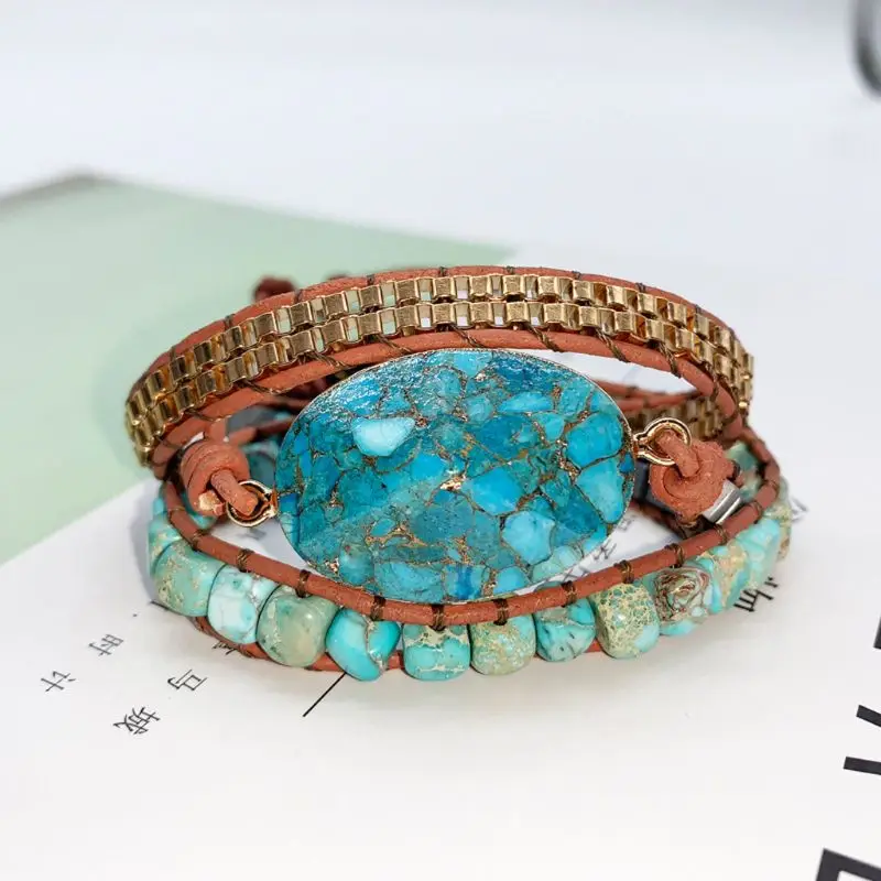 

Women Handmade Natural Stone Crystal Hematite Bead Mixed Wrap Leather Bracelet
