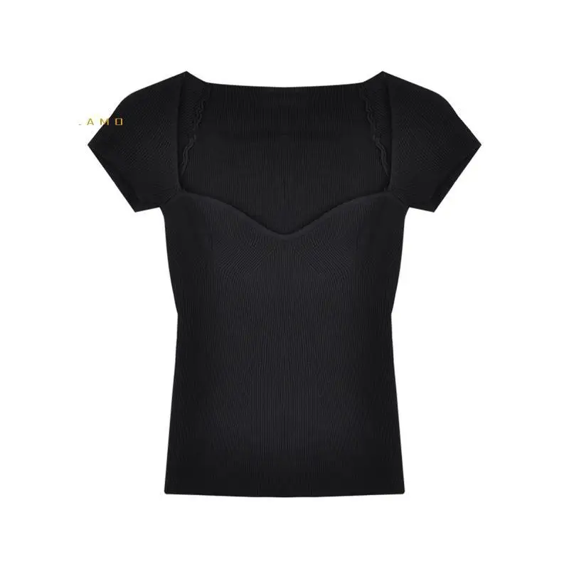 

Sexy Square Collar Tshirt Women Solid Color Knitted Elastic Slim Tops 2020 Summer Woman Short Sleeve T Shirt Fashion Streetwear