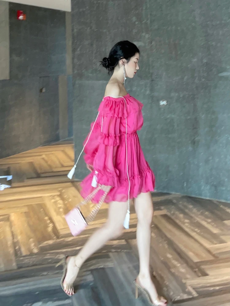 

Spring Off Shoulder Beach Dress Women Summer Boho Long Sleeve Ruffles Vestido Sexy Slash Neck Lady Elegant Rose Red Mini Dress