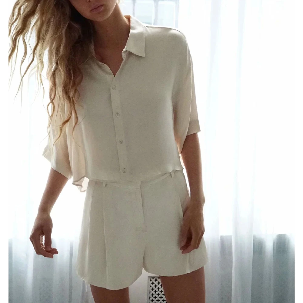 Женские летние костюмы из двух предметов Мягкая атласная короткая рубашка и