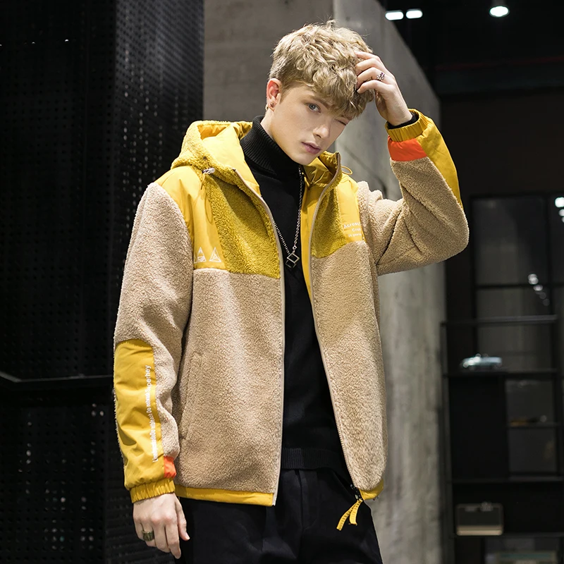 Covrlge Autumn/winter Style New Loose and Large Print Lamb Jacket Hooded Patchwork Color Coat Hip Hop Streetwear MWM101