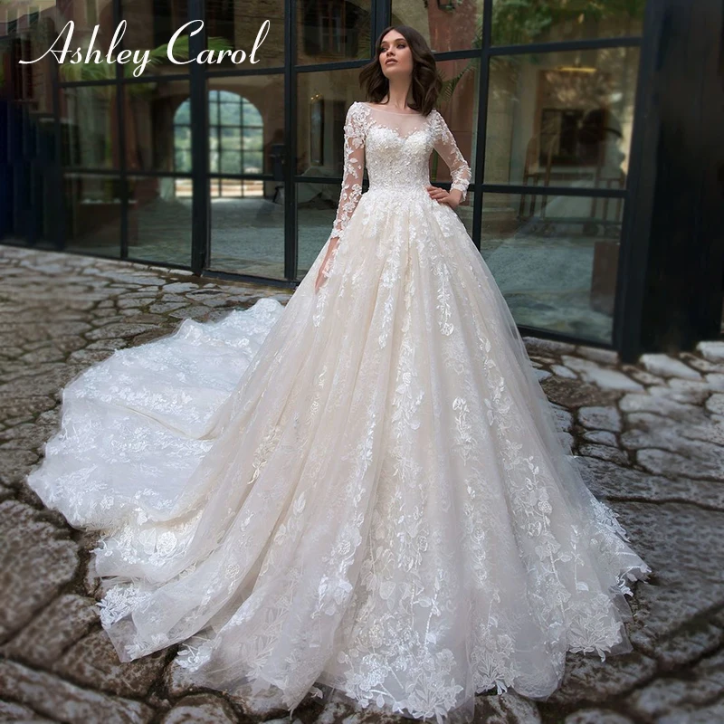 

Ashley Carol Long Sleeve Wedding Dresses For Women 2024 Champagne Beading Appliques Royal Train Bridal Gown Vestidos De Novia