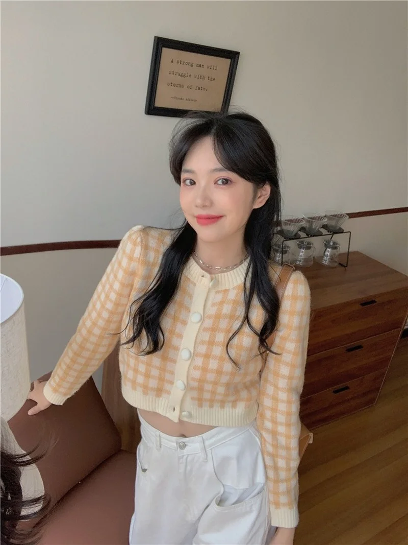 

Sweet Plaid Knitted Sweater Women Extreme Short O-Neck Long Sleeve Single Breasted Cardigan Spring Autumn Loose Casual Sweater