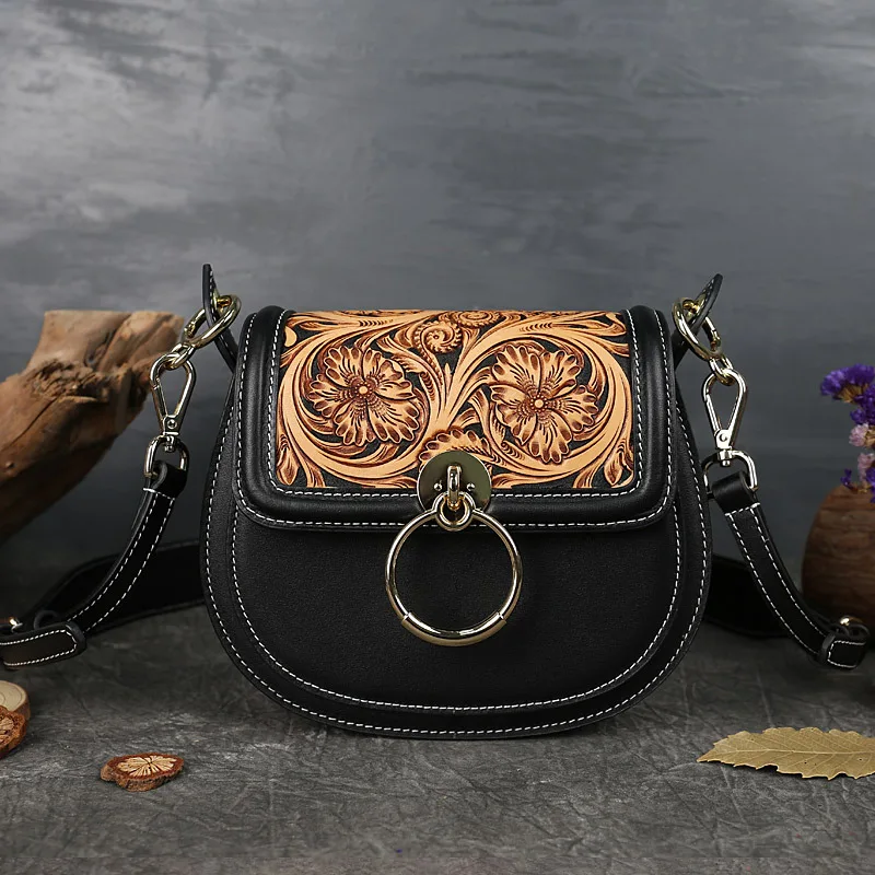 

ROCKSUN Vintage Advanced Hand Carving Women Bag 2021 New Genuine Leather Luxury Shoulder Bags Natuer Cowhide Messenger Bag