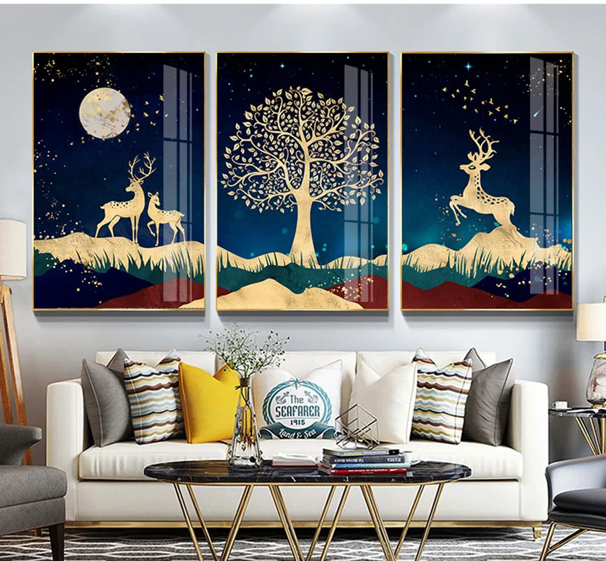 

Modern Abstract porch Living Room Decorative Pictures Golden plutus tree elk bird sun canvas Wall Art Poster Unframed Paintings