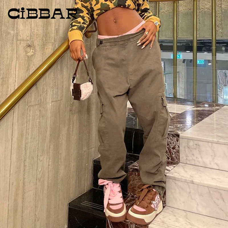 

CIBBAR High Street Casual Basic All-Match Streetwear Cargo Pants Women Solid Elastic Waist Vintage Slim Ladies Fashion Trousers