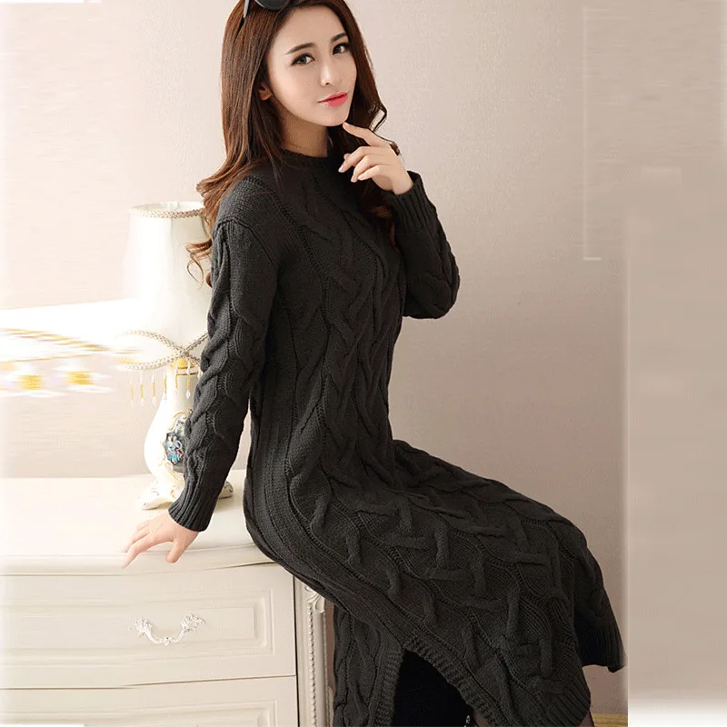 Женское вязаное платье-свитер повседневное свободное платье с круглым вырезом