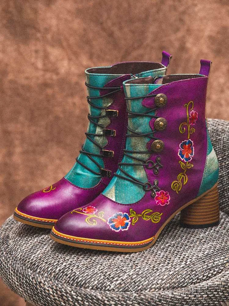 SOCOFY/женские зимние ботинки Винтажные короткие из натуральной кожи с цветочным
