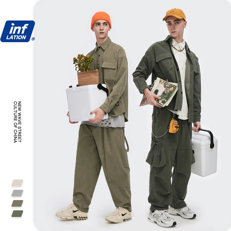 Рубашка Вельветовая Мужская свободного кроя с карманами спереди в стиле