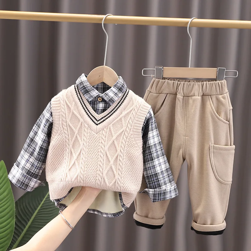 Traje de camisa de invierno para ni&ntilde;os, vestido para beb&eacute;s, versi&oacute;n coreana de finales de oto&ntilde;o, su&eacute;ter de cachemira, tendencia de tres piezas-1
