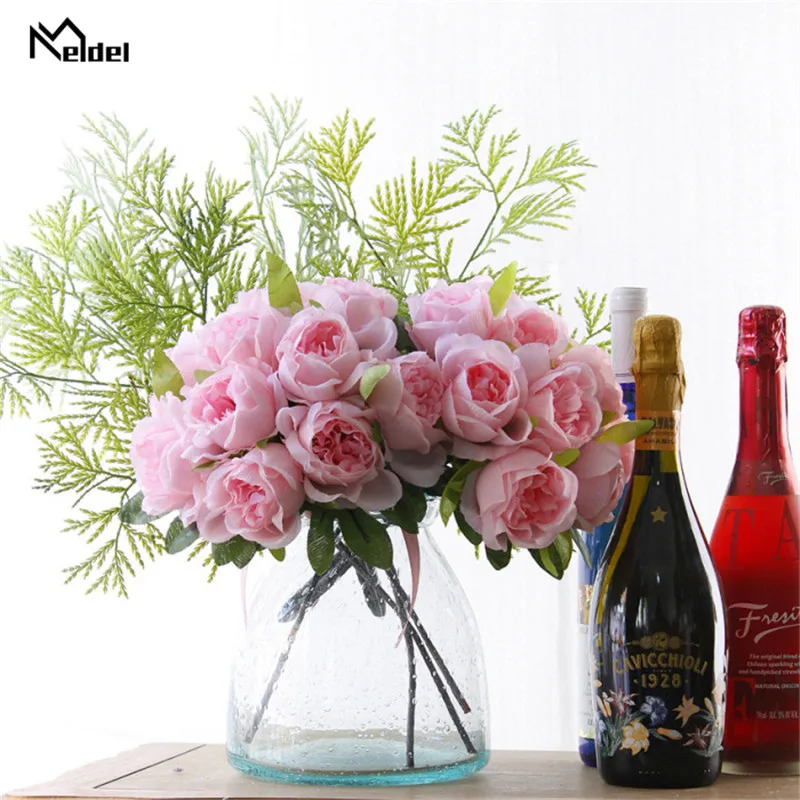 Meldel 10 Heads Artificial Flowers Roses Bouquet Silk Fake Flower with Leaves for DIY Home Garden Wedding Decor Pink White Flore | Дом и сад