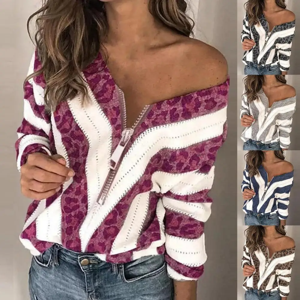 

V Neck Women Sweater 2021 Stripped Print Zipper Neck Knitted Sweater Long Sleeve Loose Fit V-Neck Women Knitwear Outwear Tops
