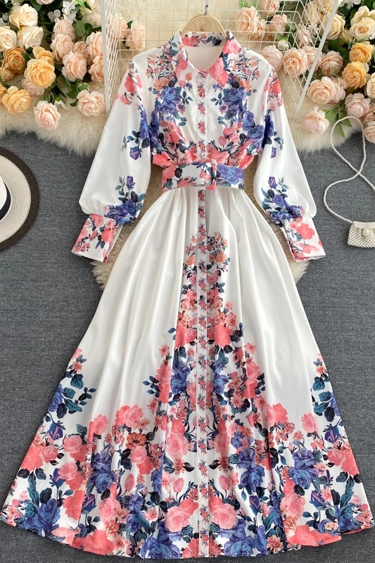 

2021 New Autumn Clothing Dress Shirt Collar Puff Sleeve Vintage Printed Maxi Dress Formal Dress
