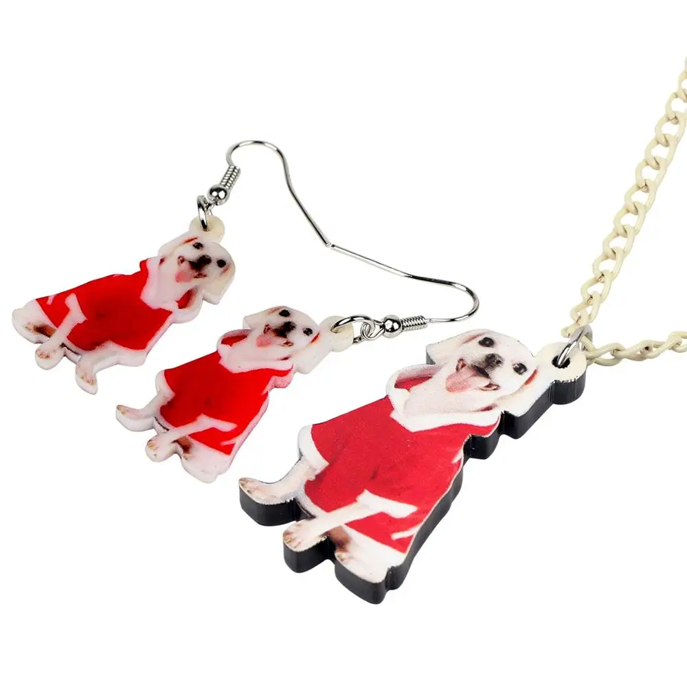 Bonsny Acrylic Christmas Happy Labrador Dog Jewelry Set Necklace Earrings Animal Pets Women Girl Charms Decorations Gift | Украшения и
