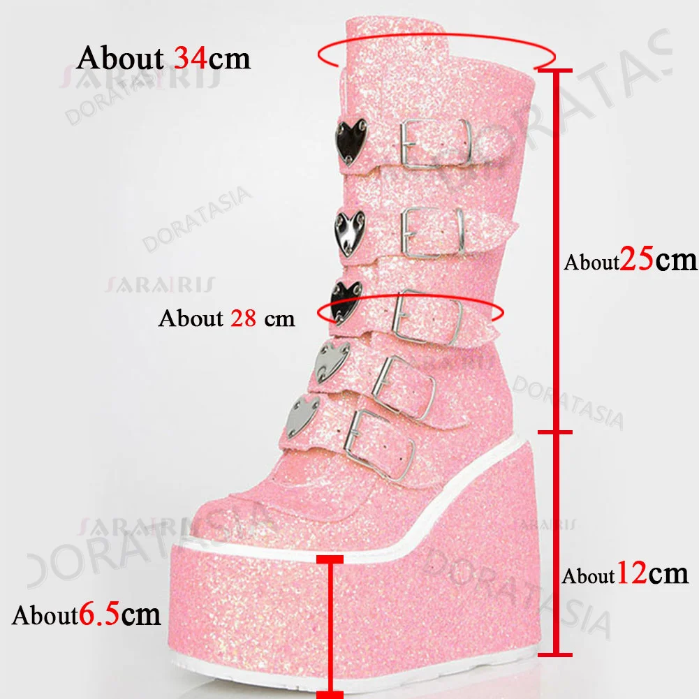 doratasia ins hot brand women boots zipper heart buckle wedges platform womens boots cool goth cosplay bling cute shoes free global shipping