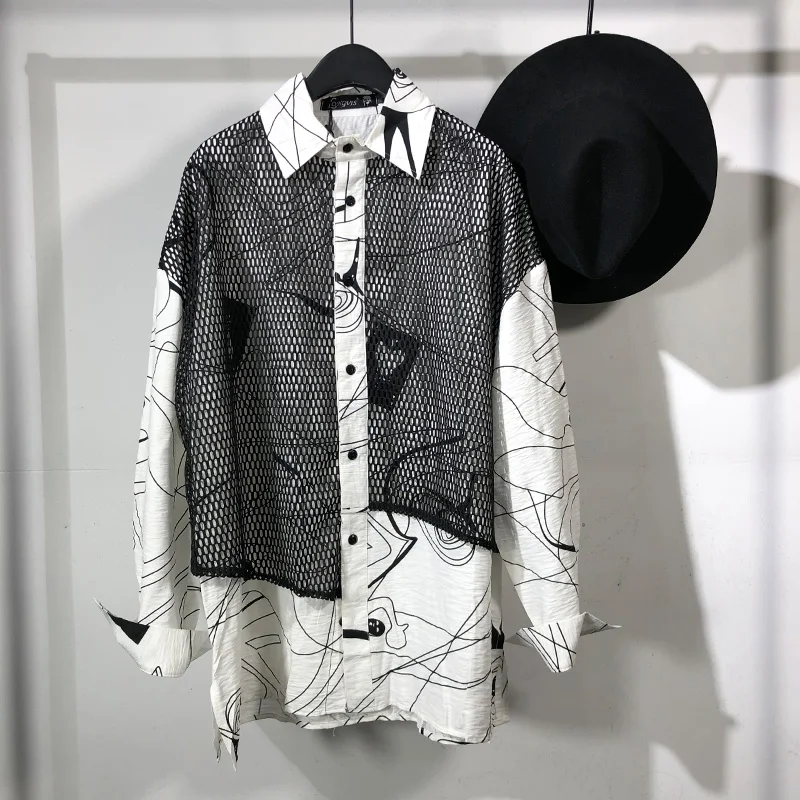 2021 Original dark men's mesh patchwork print loose long sleeve shirt hip-hop street style casual top